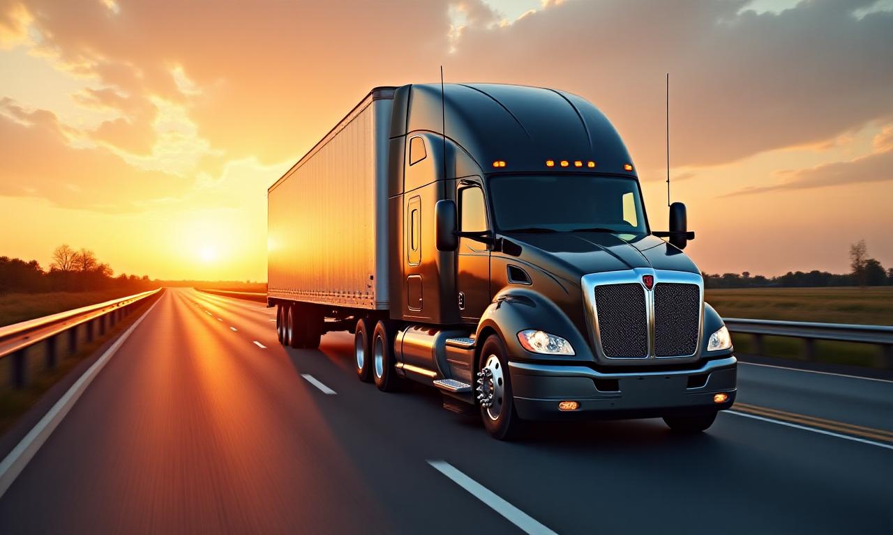 Heavy duty transport truck on a modern highway at sunset