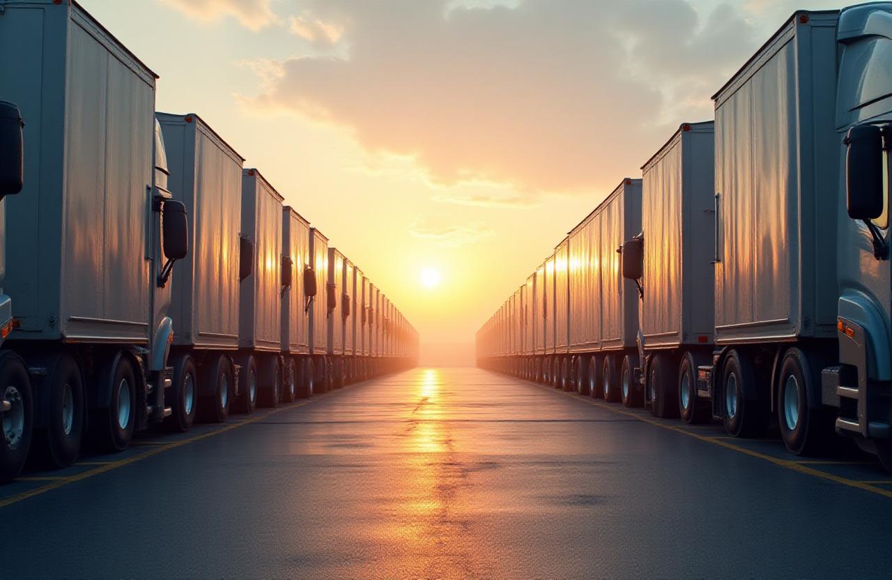 Logistics fleet moving through a sunrise landscape